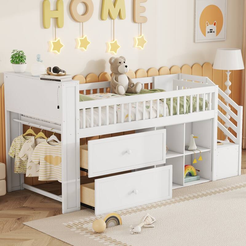 White Twin Size Low Loft Bed with LED, Stairs, Storage Drawers, and Shelves