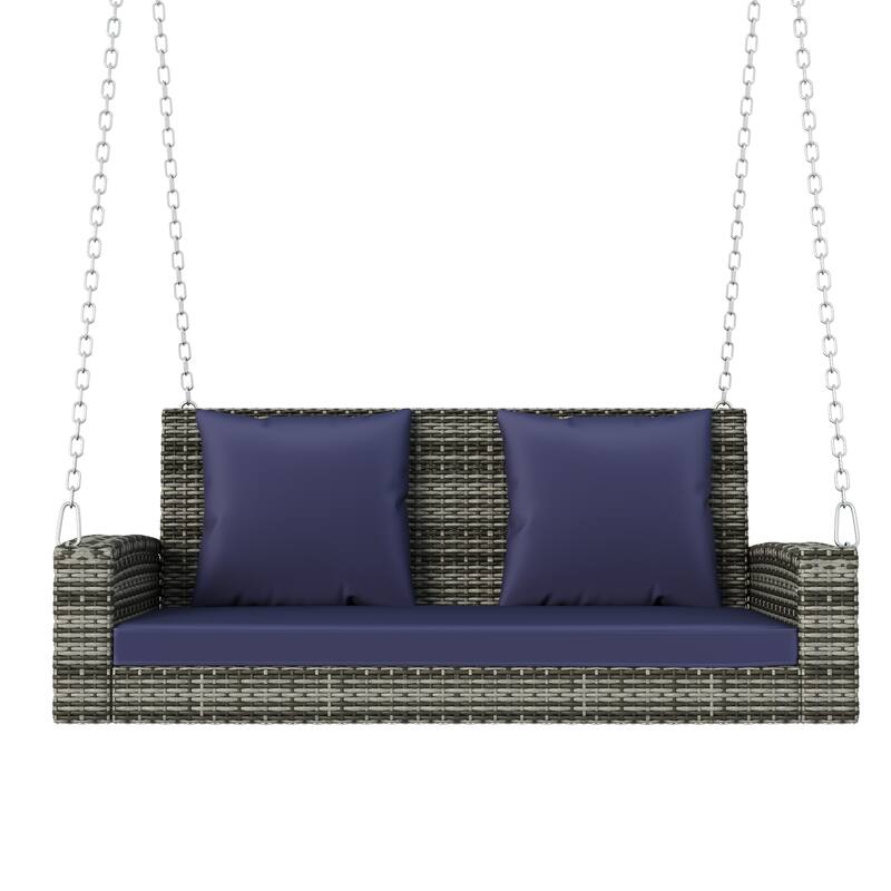 2-Person Wicker Hanging Porch Swing with Chains, Cushion & Pillow