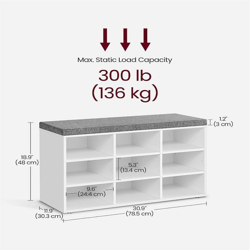 9-Compartment Storage Bench with Comfortable Linen-Look Seat Cushion for Shoes and Accessories - 11.9"D x 30.9"W x 18.9"H