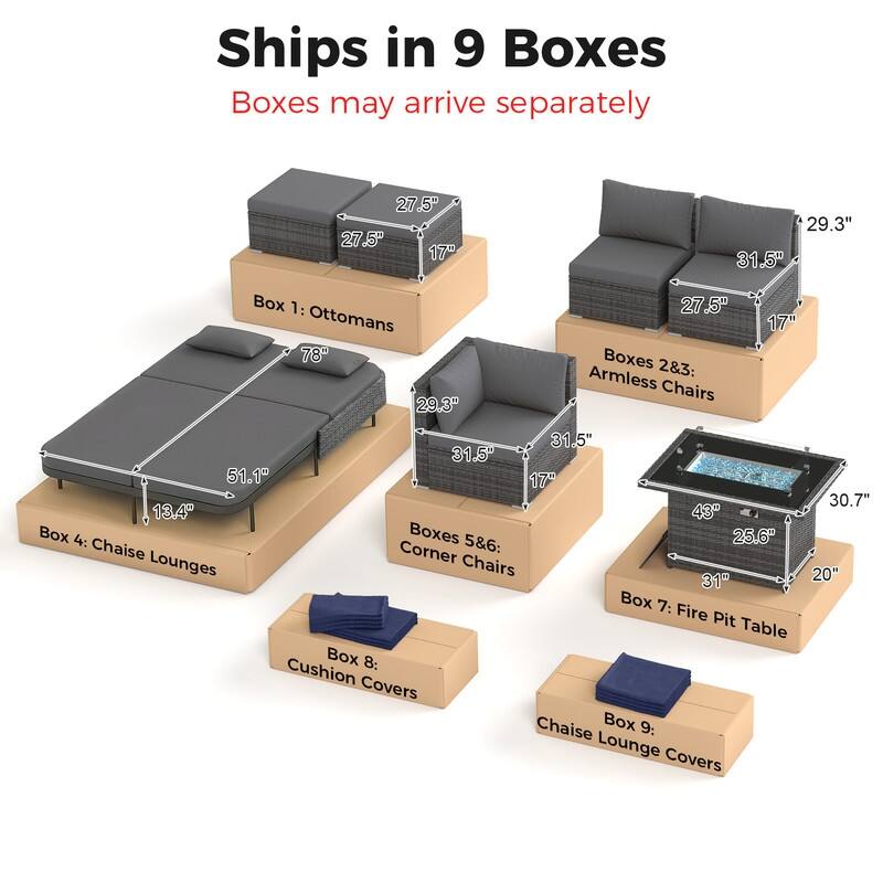 Outdoor Sectional Conversation Set PE Wicker with Double Chaise Lounge, 60,000 BTU Fire Pit Table