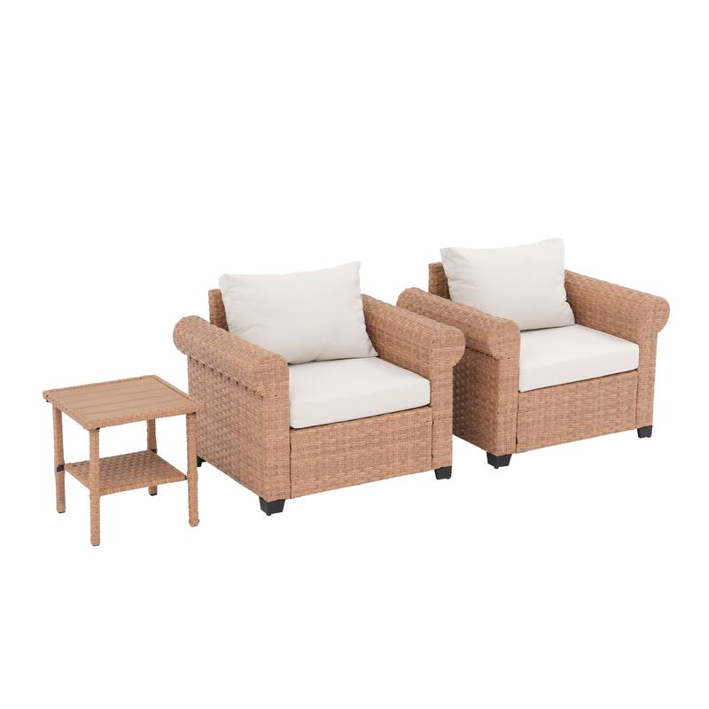 Outdoor Wicker Patio Conversation Set with 2 Armchairs & Side Table
