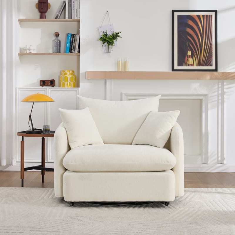 46" Chenille Upholstered Sofa Swivel Chair - Beige