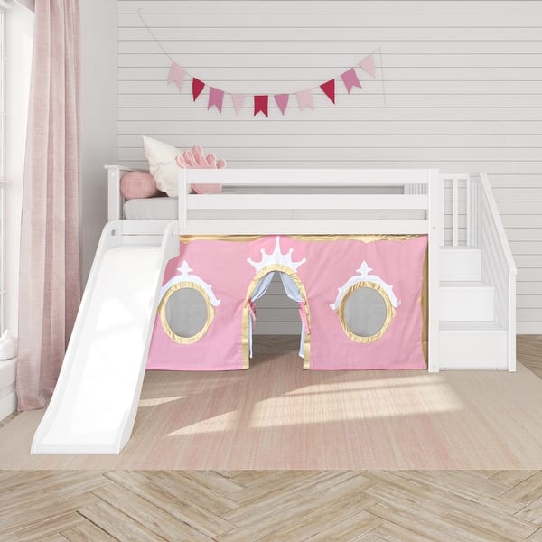 Max and Lily Classic Twin Low Loft with Stairs, Easy Slide and Curtain