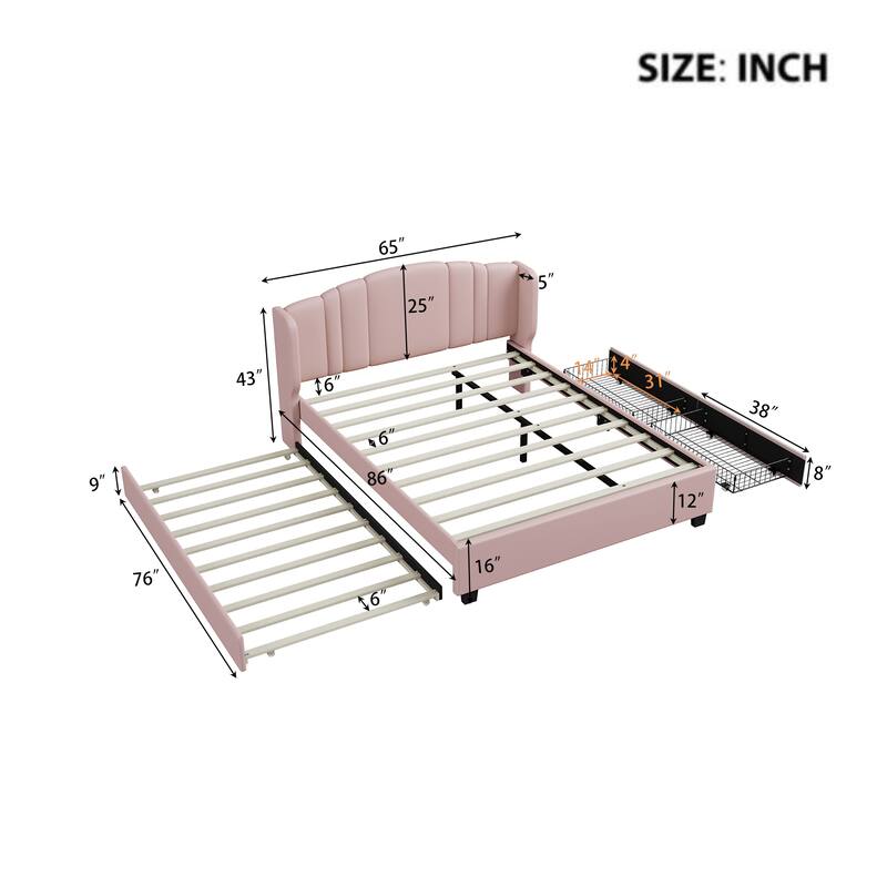 Contemporary Linen Upholstered Platform Bed, Queen Size, Includes Trundle Bed and Drawers, Wingback Headboard