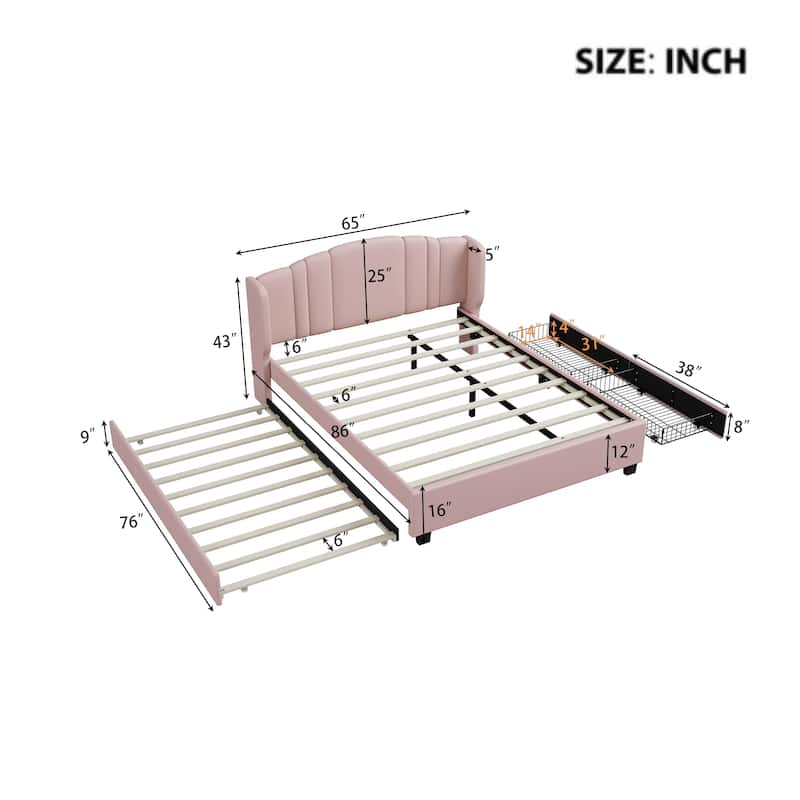 Upholstered Platform Bed with Wingback Headboard, Queen Size Linen Fabric Bed Frame with Twin Trundle Bed and 2 Drawers