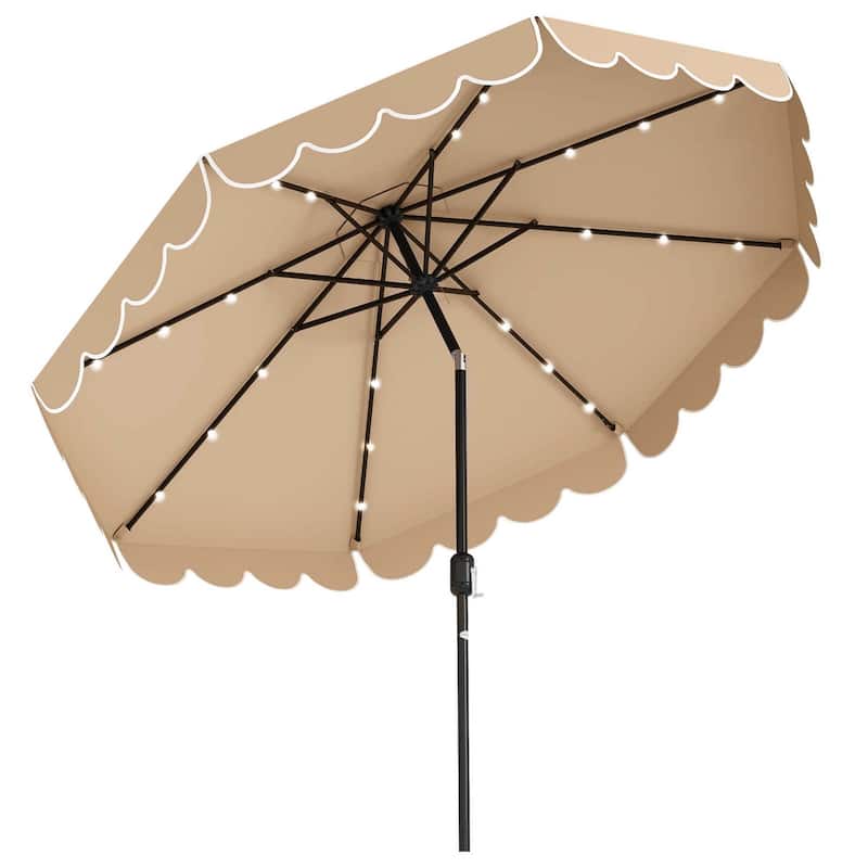 10 FT Patio Umbrella w/ Solar Lights Market Sunshade w/ Ruffles - Coffee