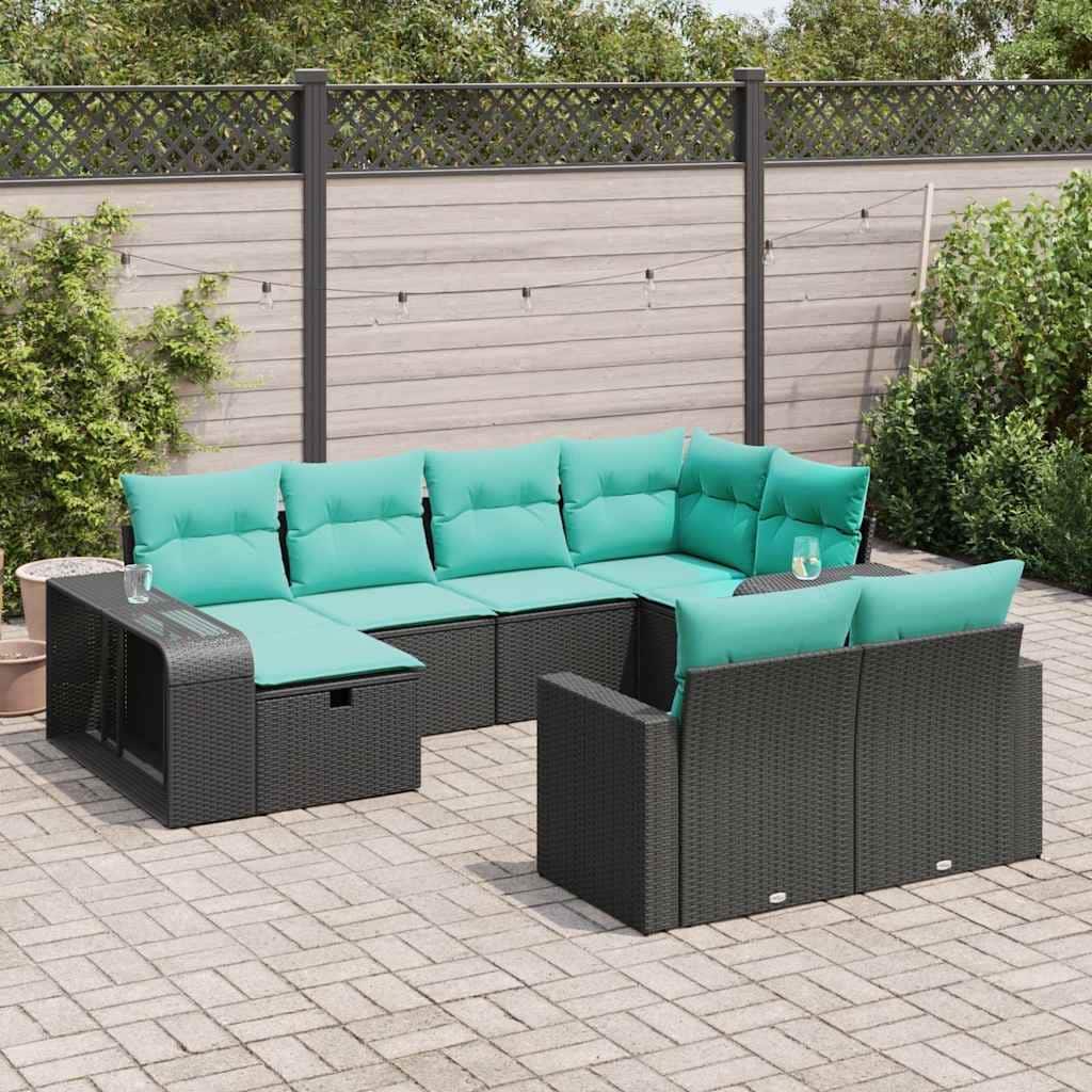 vidaXL Patio Sofa Set with Cushions Black Poly Rattan - 21.7 x 24.4 x 27.2