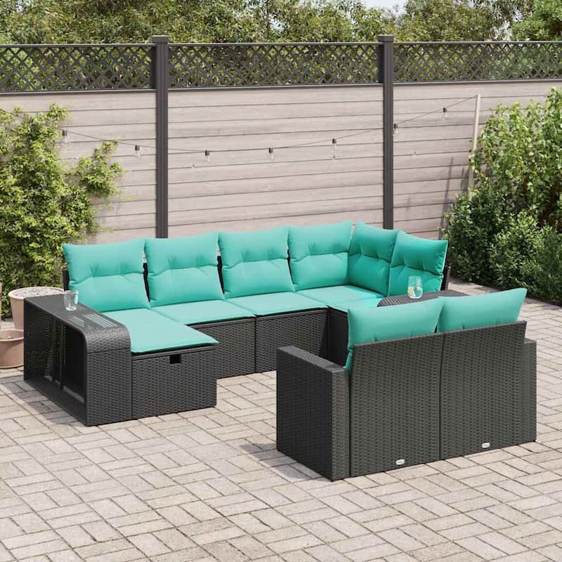 vidaXL Patio Sofa Set with Cushions Black Poly Rattan - 21.7 x 24.4 x 27.2 - Black-Without table