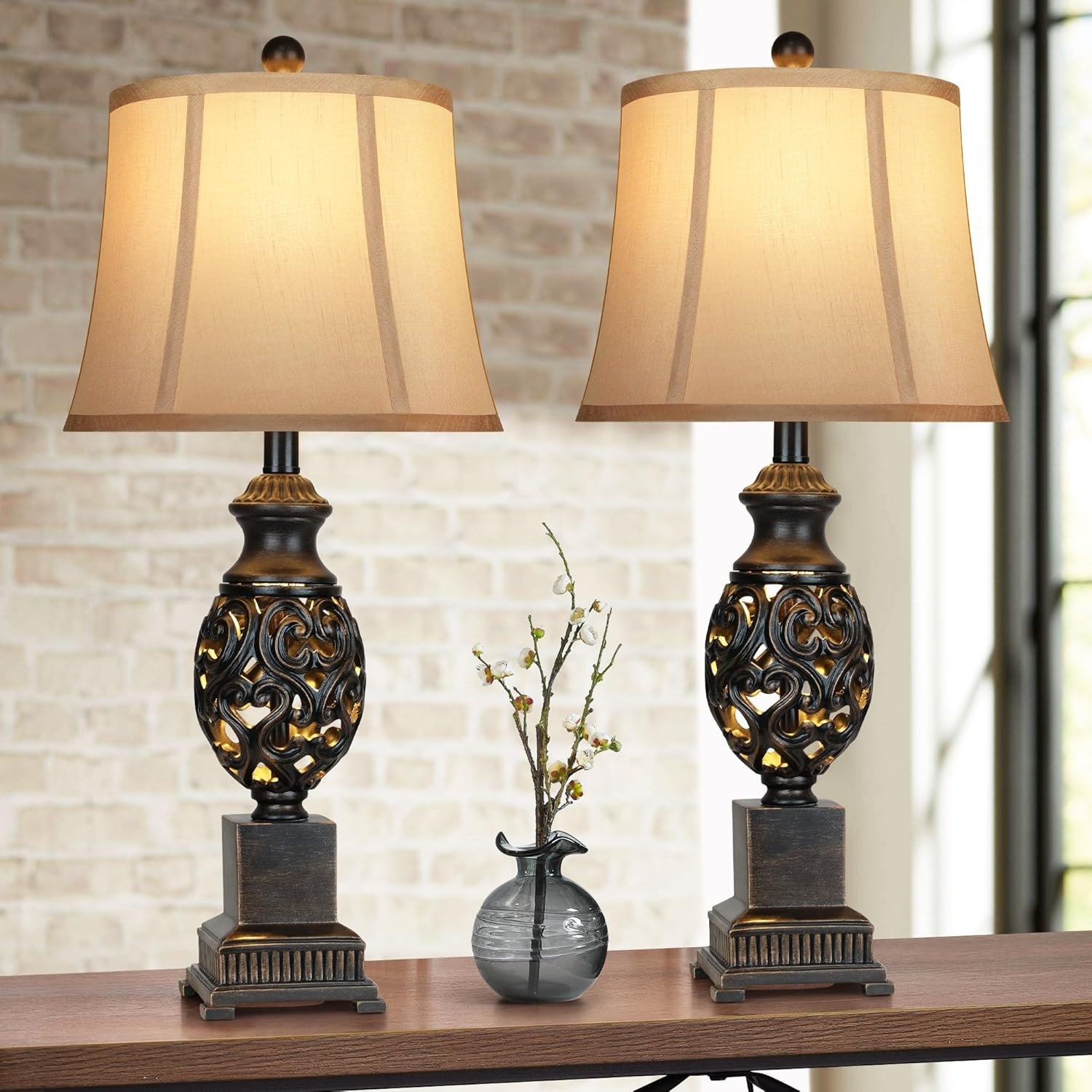 Table Lamps Set of 2.28" Tall Bedside Lamp with Nightlight, Rustic Farmhouse Nightstand Lamps with Linen Shades