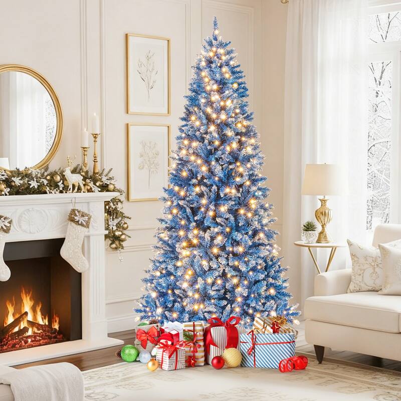 Gymax Pre-Lit Artificial Christmas Tree Blue Hinged Xmas Tree w/