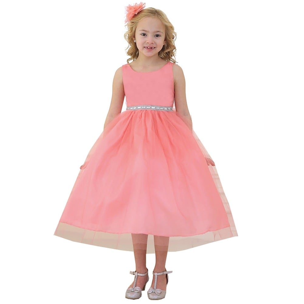 Little Girls Coral Rhinestone Tulle Flower Girl Dress 2T-6