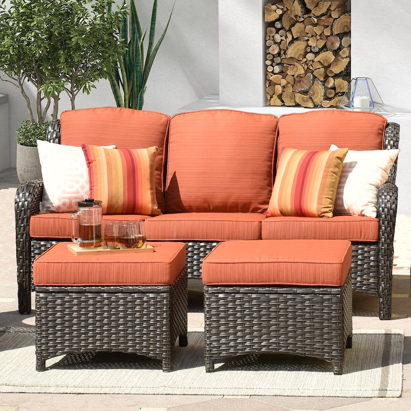 OVIOS 3-piece Patio Wicker Sofa with Ottomans - Red/Orange-Brown Wicker