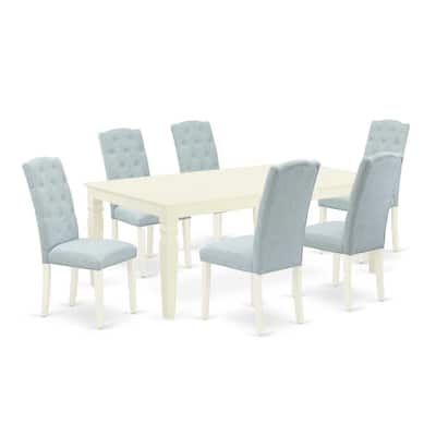 7Pc Dinette Set - Kitchen Table with Leaf & 6 Parsons Chairs - Linen White & Baby Blue - 84