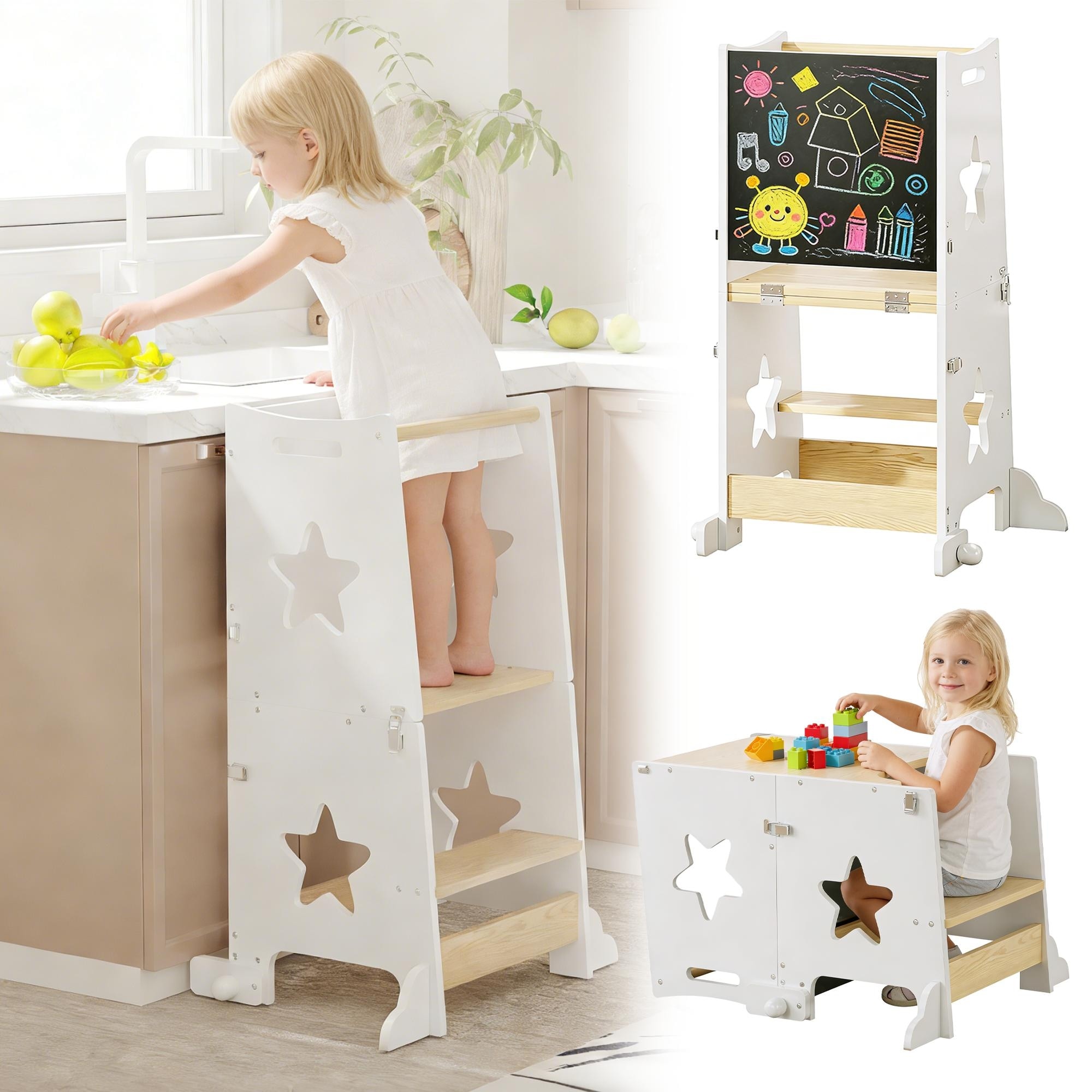 3-in-1 Toddler Kitchen Step Stool, Foldable Learning Standing Tower with Blackboard, Wooden Kitchen Stool Helper for Kids