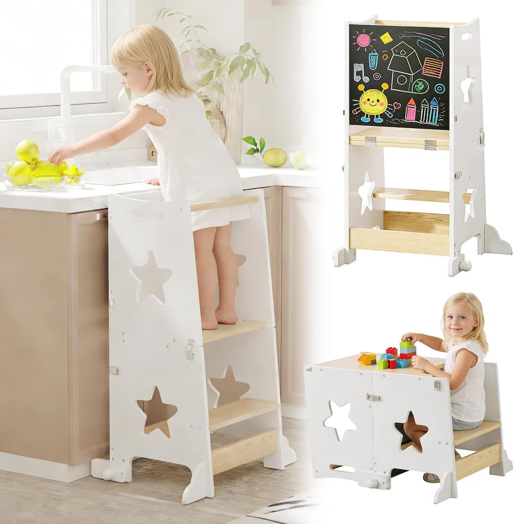 3-in-1 Toddler Kitchen Step Stool, Foldable Learning Standing Tower with Blackboard, Wooden Kitchen Stool Helper for Kids