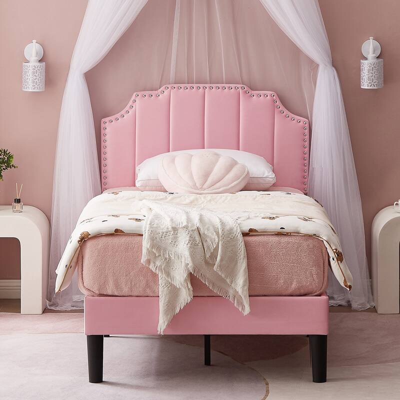 VECELO Double Twin Bed Set 41"-47" Adjustable Height Platform Bed with Nailhead Trim 7.8" Underbed Storage No Box Spring Needed