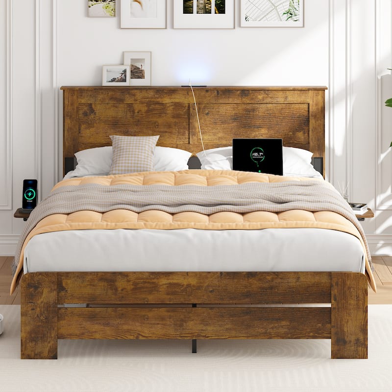 Wooden Platform Bed Industrial Bed Frame with Headboard/Small Night Light/Foldable Side Tables/Charging Station/Antique Natural - Antique Natural - Full