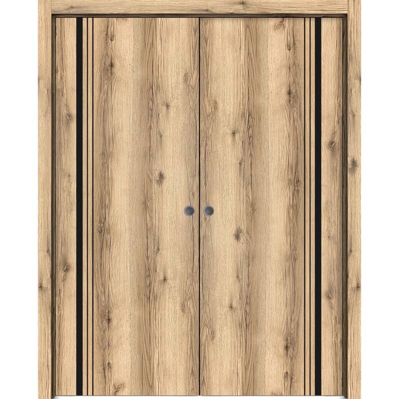 French Double Pocket Doors 36 x 80 Planum 0011 Oak with Kit Trims Rail - Brown - 48" x 96" ( 2* 24x96)