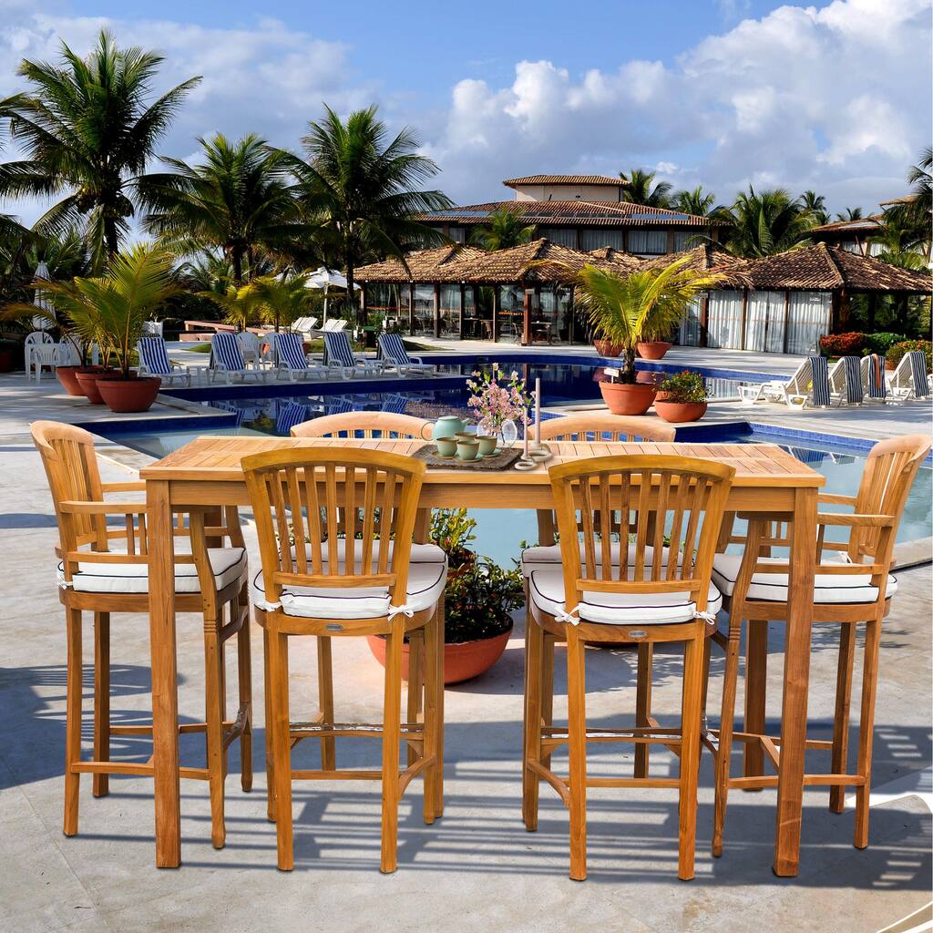 Chic Teak 7 Piece Teak Wood Orleans Patio Bistro Bar Set, 63" Bar Table, 2 Bar Chairs w/ Arms & 4 Armless Bar Chairs