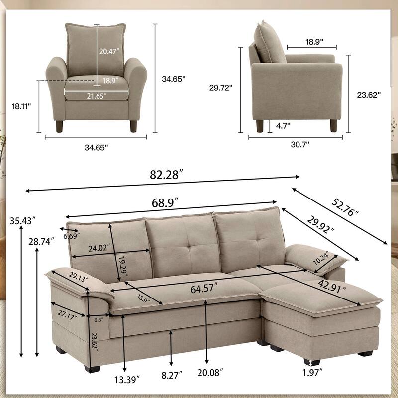 3-Piece Living Room Sectional Sofa Set with Chair and Ottoman
