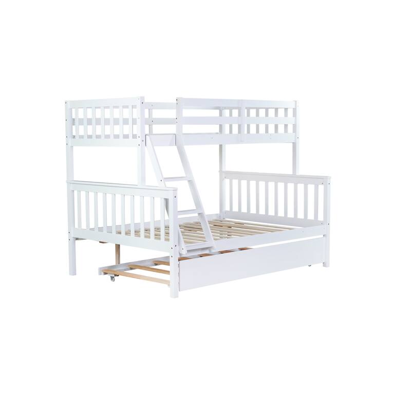 Twin Over Full Bunk Bed with Trundle with Convertible 3-in-1 Design Reversible Ladder & Guardrails (250lb Capacity)