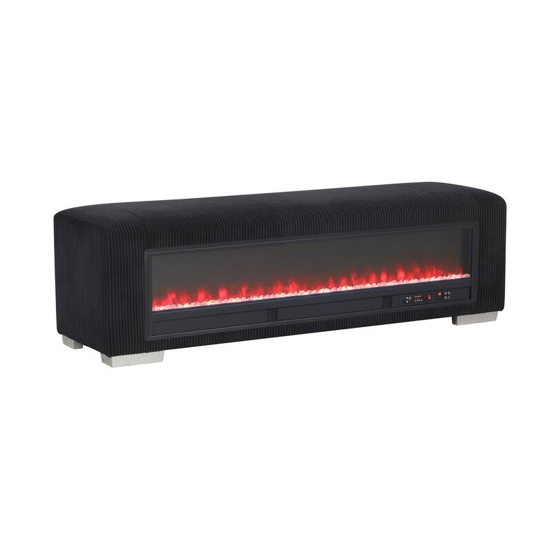 Furniture of America Goffney Chenille Bench with Fireplace Simulator and Bluetooth Audio