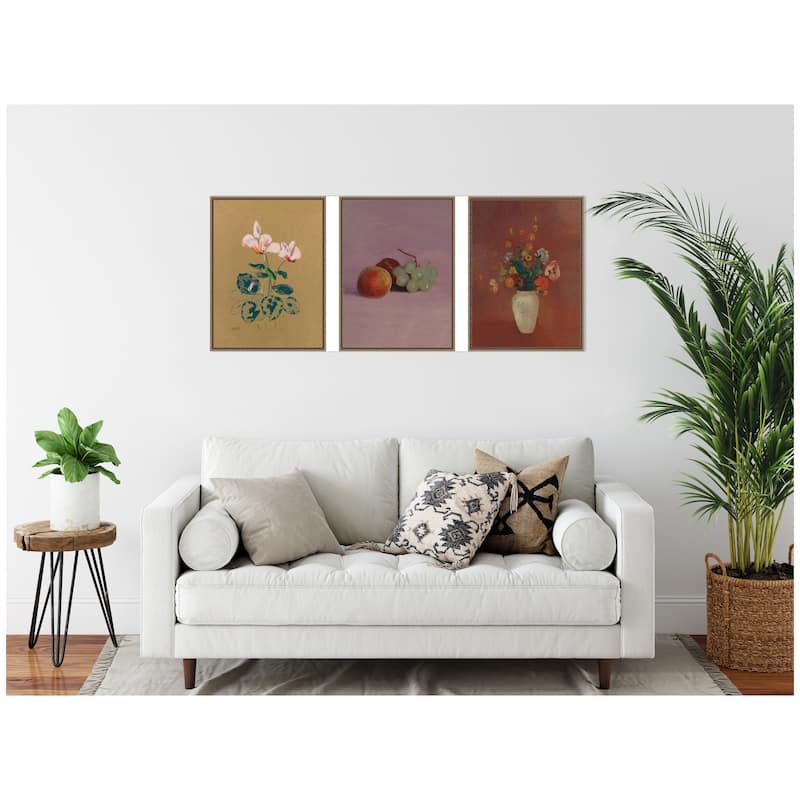 Kate and Laurel Cyclamen, Still Life Fruit, & Bouquet 3 Piece Framed Canvas Wall Art by Nostalgia Prints