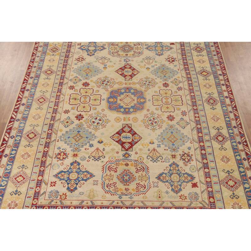 Geometric Kazak Rug Hand-Knotted Oriental Wool Carpet - 9'9"x 13'5"
