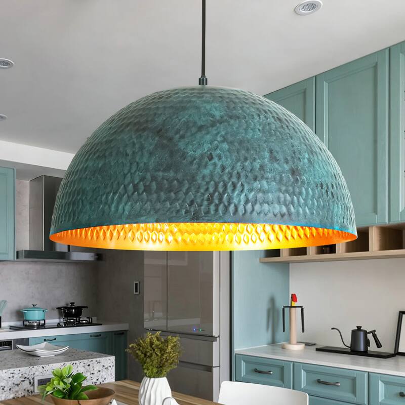 19.7" 1-Light Modern Industrial Black/Green Hand-Hammered Iron Dome Pendant Light for Dining Room