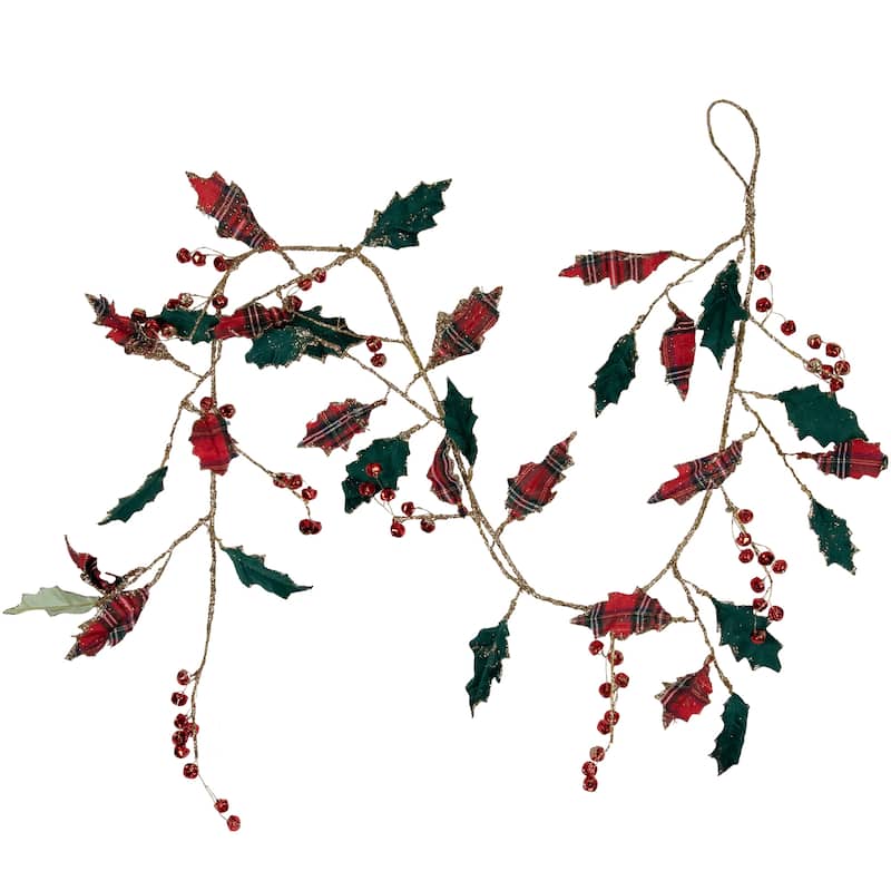 5' Green and Red Plaid Holly with Jingle Bells Christmas Garland - Unlit - 5' x 10"