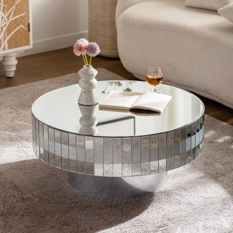 30.9" Round Silver Mirrored Coffee Table with Crushed Diamond Inlays & Crystal Edge, Modern Luxury Center Table for Living Room
