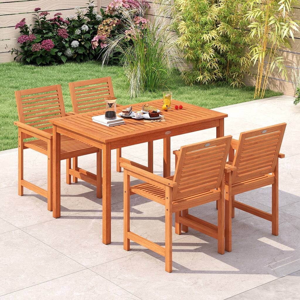 Gymax 5 Pieces Patio Wood Dining Set Outdoor Rectangular Table &