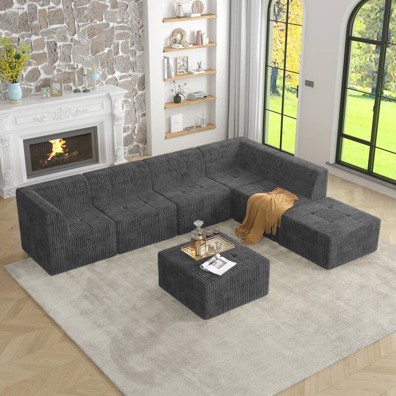 Roomfitters L-Shape Modular Sectional Sofa with Ottoman, Corduroy Sleeper Couch, Space-Saving Design for Living Room