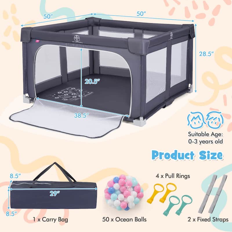 Honeyjoy Large Baby Playpen 50" x 50"/59" x 59" with Zipper Gate 50