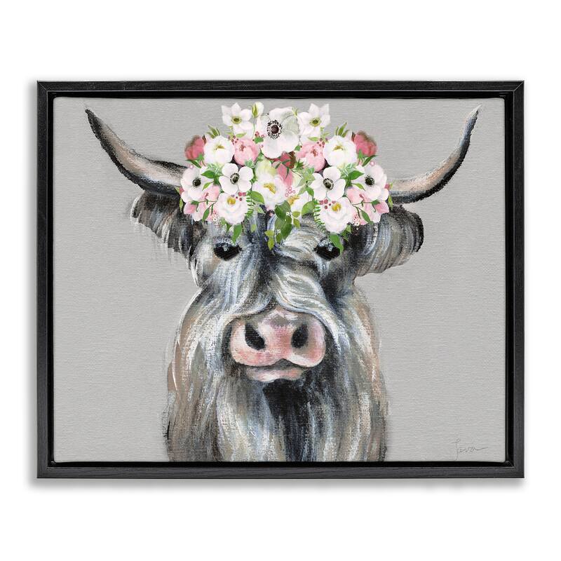 Stupell Shabby Chic Cattle with Garland Framed Floater Canvas Wall Art Design By Janet Tava - 31 x 25 - Black