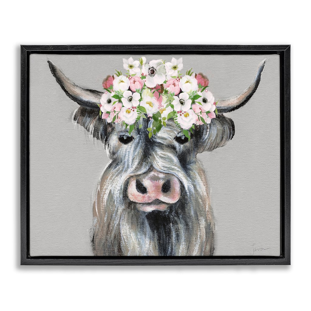 Stupell Shabby Chic Cattle with Garland Framed Floater Canvas Wall Art Design By Janet Tava