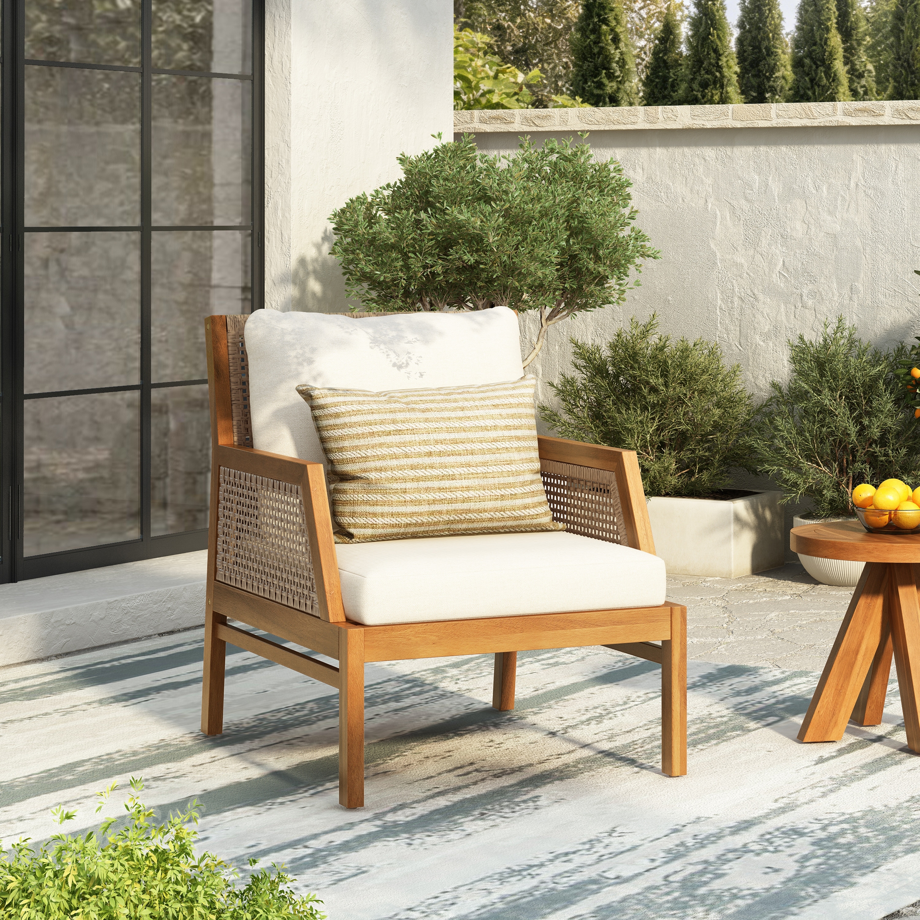 Christopher Knight Home -Outdoor Patio Acacia Wood Club Chair with Hand-Woven Wicker, Cushioned Seat, Non-Slip Feet