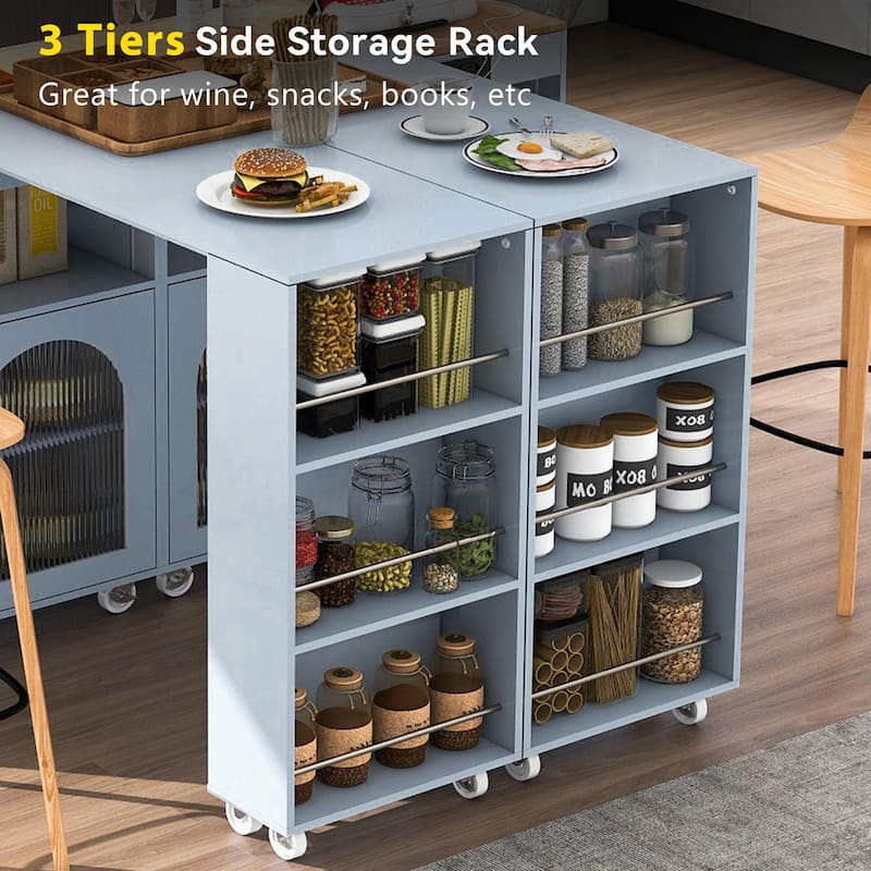 Mobile Kitchen Island on Wheels with Fluted Glass Doors, Rubberwood Top Kitchen Cart with Convertible Extended Table, Grey Blue
