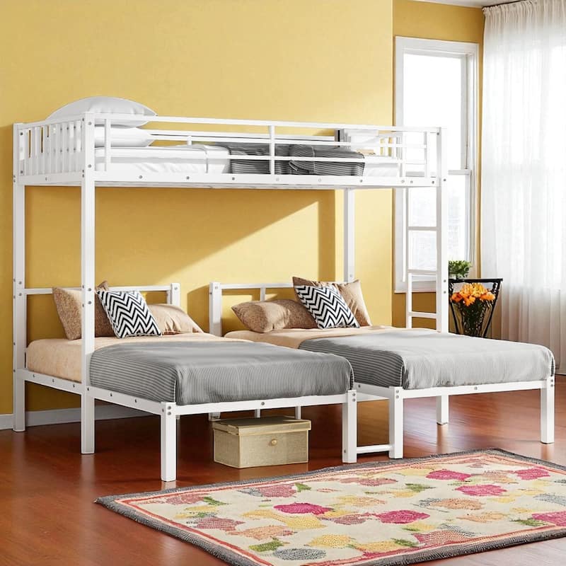 Metal Triple Bunk Bed for 3, Twin XL Over Twin & Twin, Convertible to 3 Twin Beds with Guardrails and Ladder