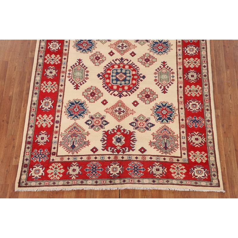 Geometric Kazak Area Rug Hand-Knotted Beige Wool Carpet - 5'2" x 6'6"