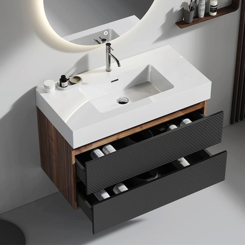 36" Walnut Bathroom Vanity with Engineered Quartz Sink and Soft Black Drawers