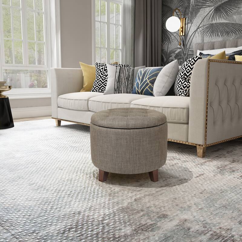 Adeco Round Linen Storage Ottoman Tufted Fabric Footstool with Lid