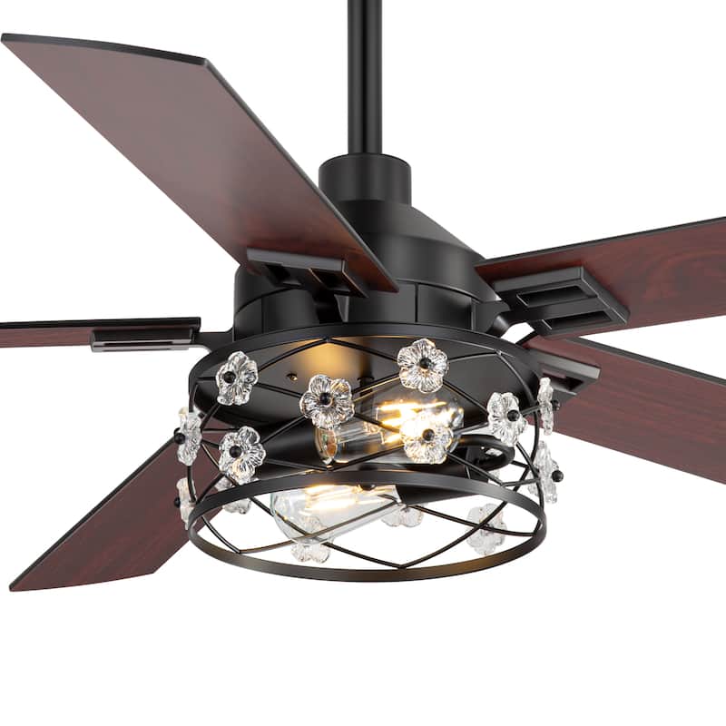 52" Reversible 5-Blade Farmhouse Glam Floral Glass Caged Ceiling Fan with Light and Remote