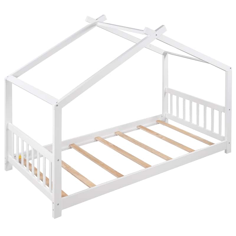Twin Size House Platform Bed with Headboard, Footboard, Roof Design