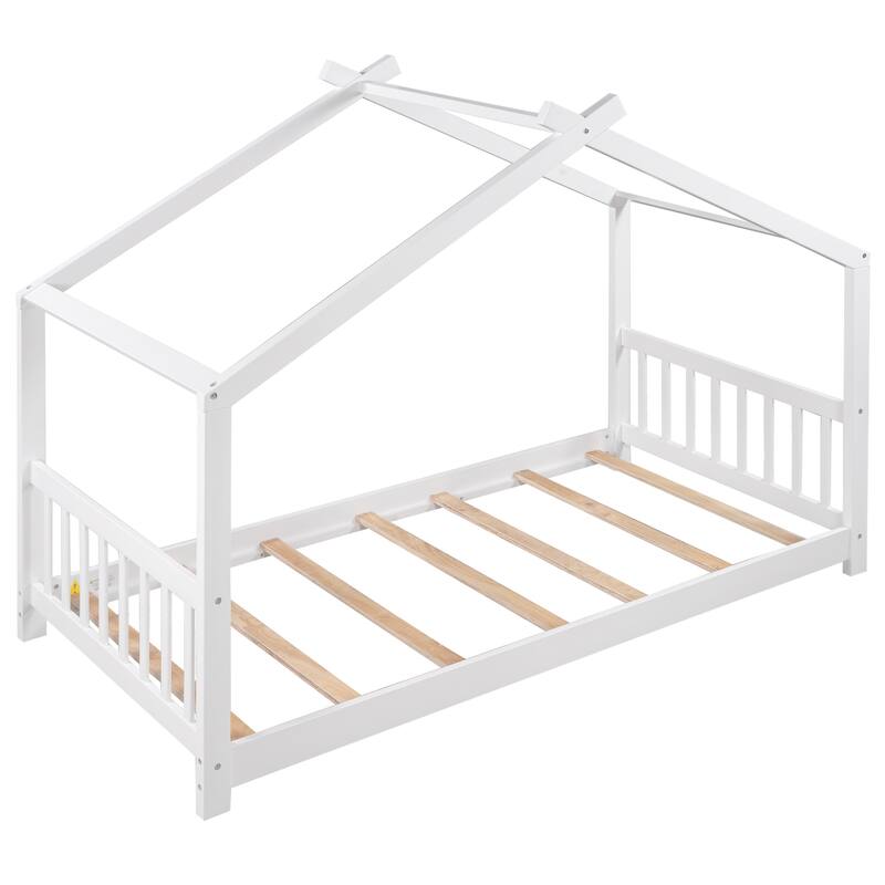 Twin Size House Platform Bed with Roof, Wooden Platform Bed with Headboard & Footboard, Wood Twin Bed Frame for Kids Boys Girls