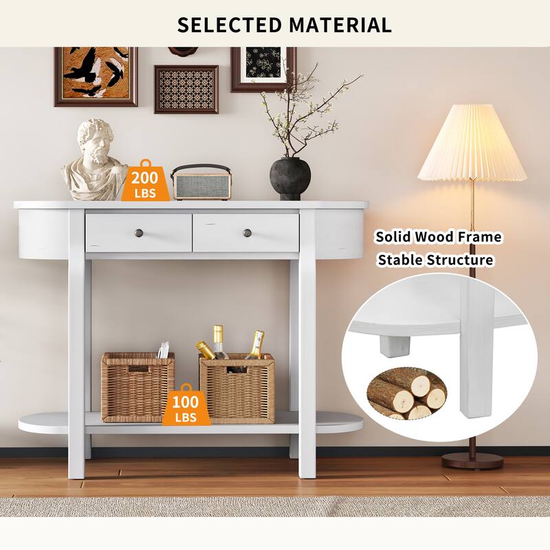 Curved Console Table with 2 Storage Drawers and Metal Handles, Wooden Hallway Tables Entryway Table wOpen Storage Shelf