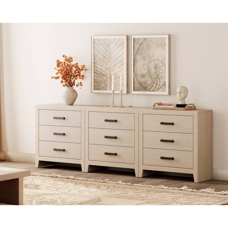 WAMPAT Farmhouse 3-Drawer Dresser, Wooden Chest of Drawers, Modern Storage Organizer & Nightstand for Bedroom, Living Room - Beige - 9-drawer