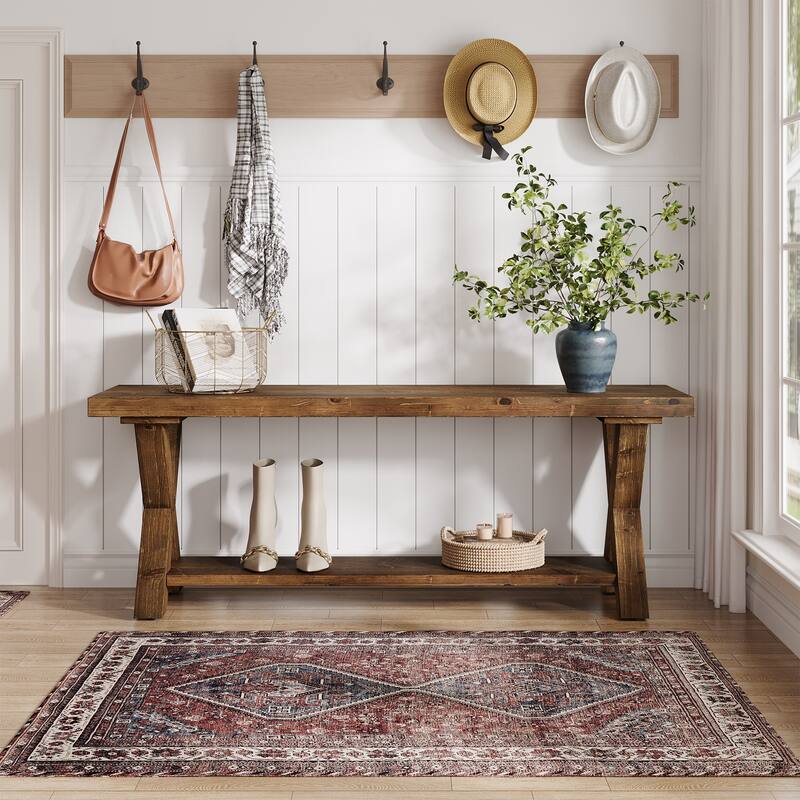43.3 Inch Farmhouse Solid Wood Entryway Shoe Bench