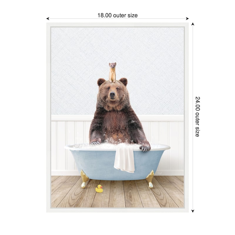 Kate and Laurel Sylvie Bear and Weasel in Cottage Blue Bathtub Framed Canvas by Amy Peterson