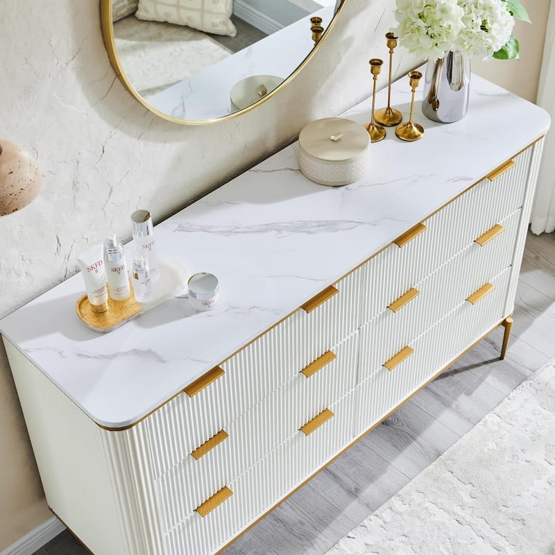 Modern Fluted 6 Drawers Dresser for Bedroom, 54" Dresser TV Stand